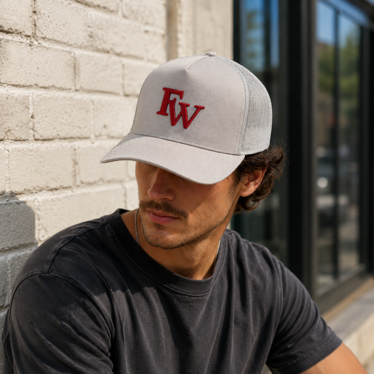 Stone Gray Cotton Trucker Hat with Red Embroidered Monogram Logo