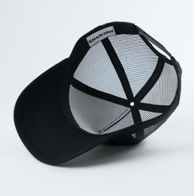 Black Mesh Trucker Cap with White Oval Embroidered Letter Logo