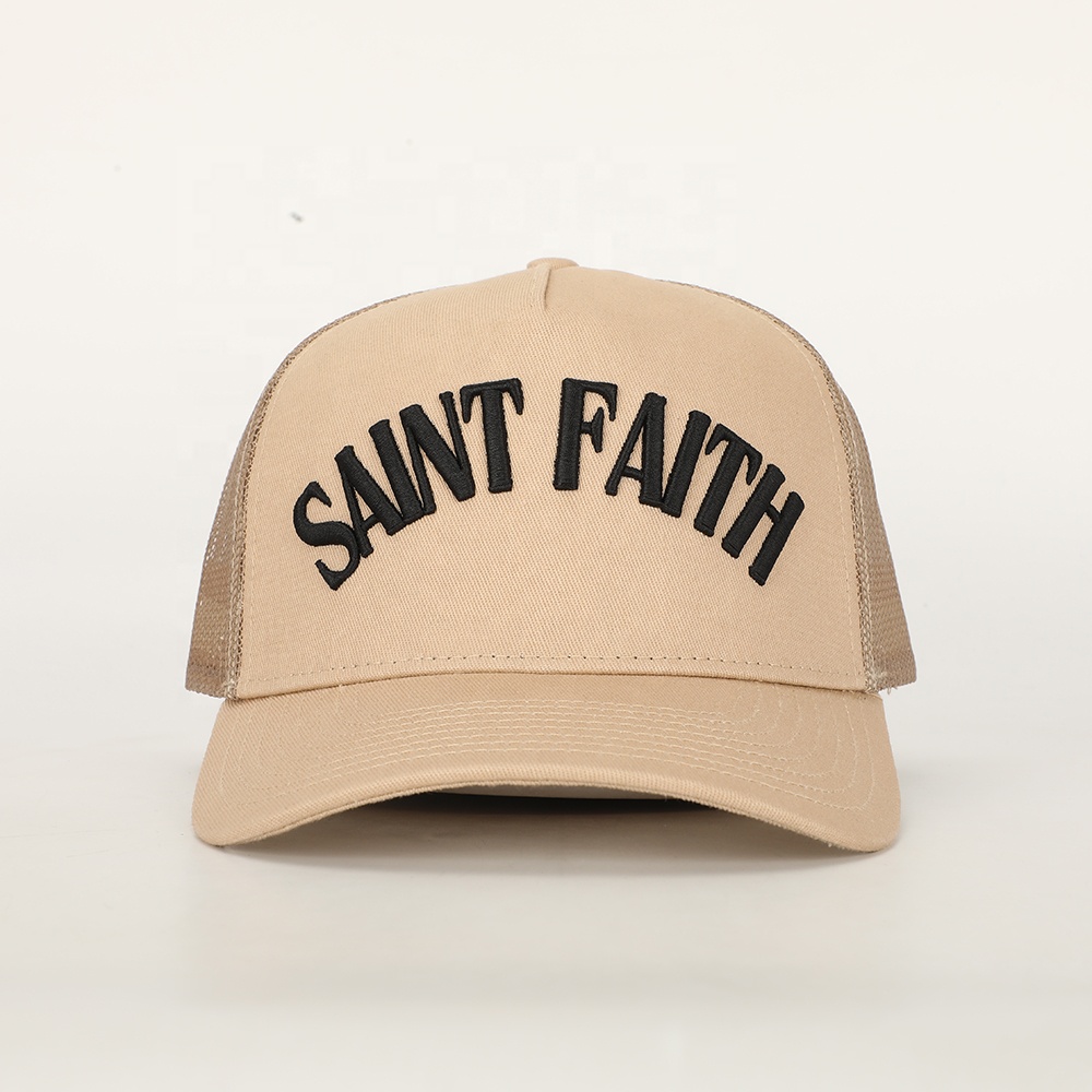 SAINT FAITH Beige 5-Panel Cotton Mesh Trucker Hat with Embroidered Letter Logo