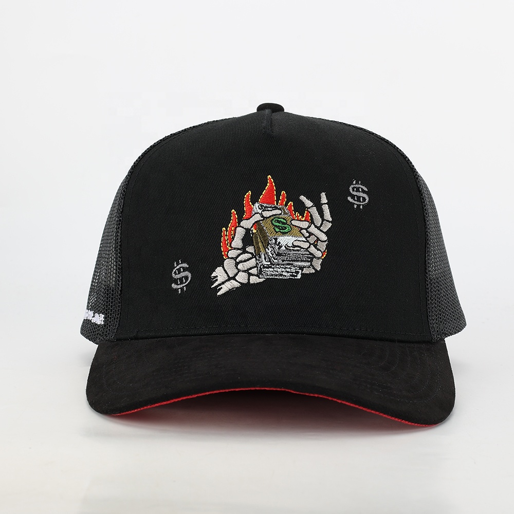 Black 5-Panel Mesh Trucker Cap with Multicolor Graphic Embroidery – Curved Brim Streetwear Hat