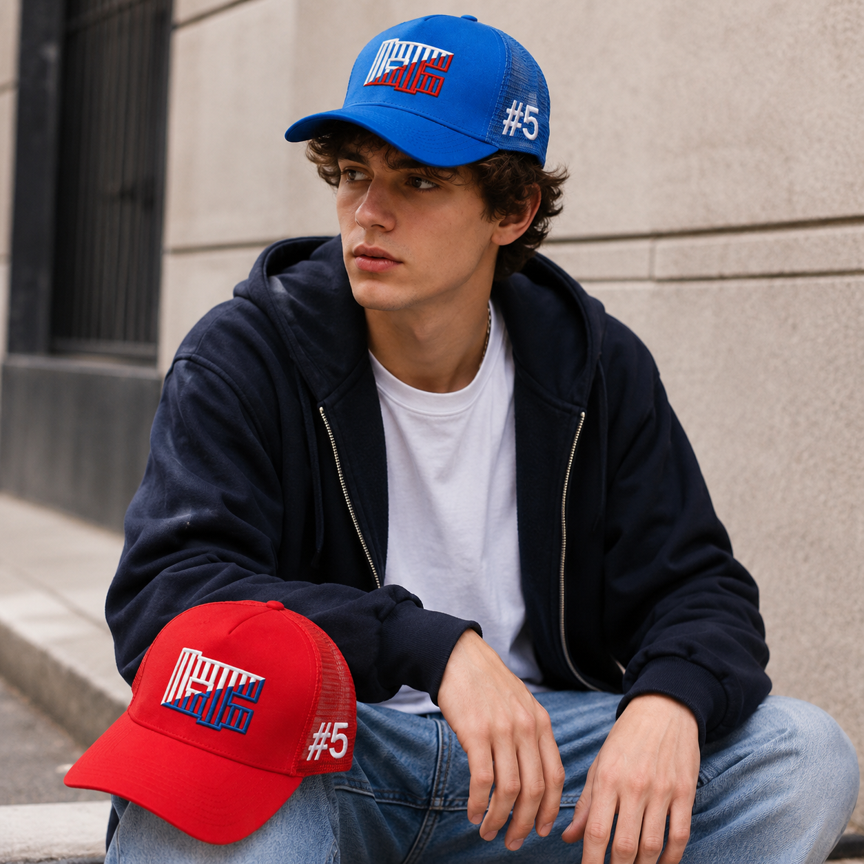 Red and Blue 5-Panel Mesh Trucker Hats with 3D Embroidery