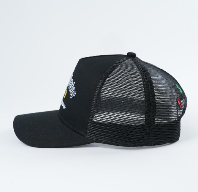 Black 5 Panel Trucker Hat with Embroidered Disturb LSXY Logo