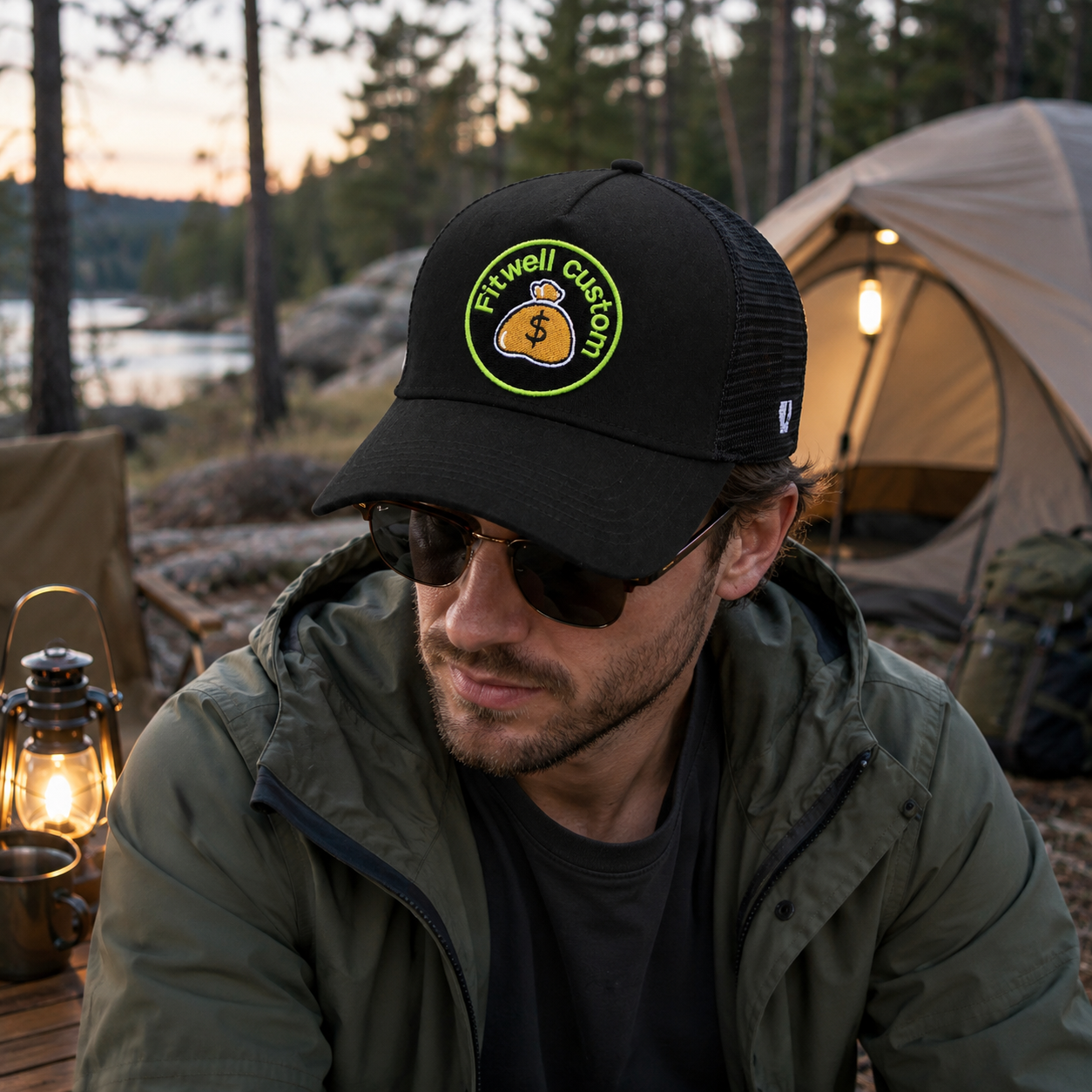 Black Happy Trash Money Bag Patch Mesh Trucker Cap