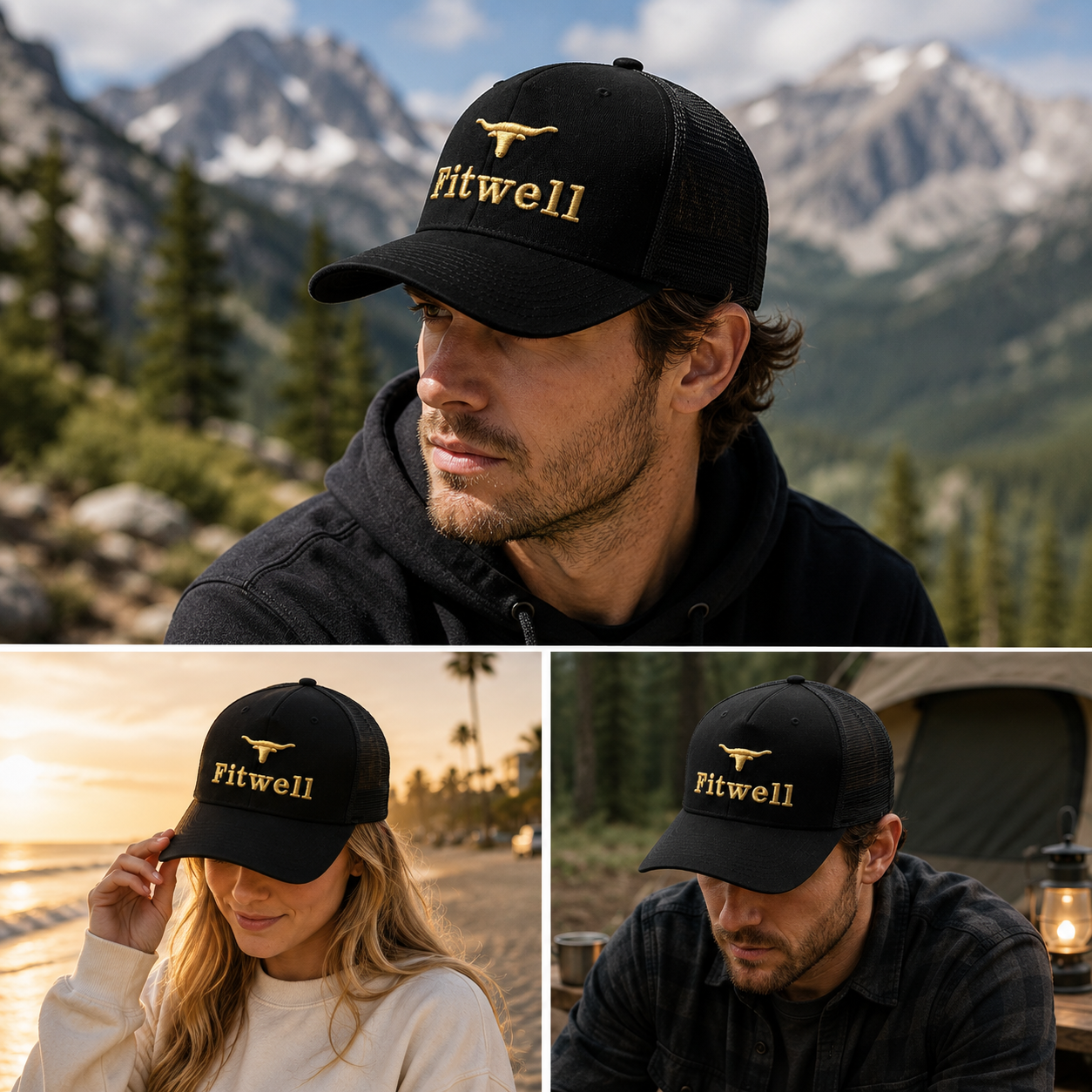 Black FUERZA Bull Embroidered Cotton Mesh Trucker Hat