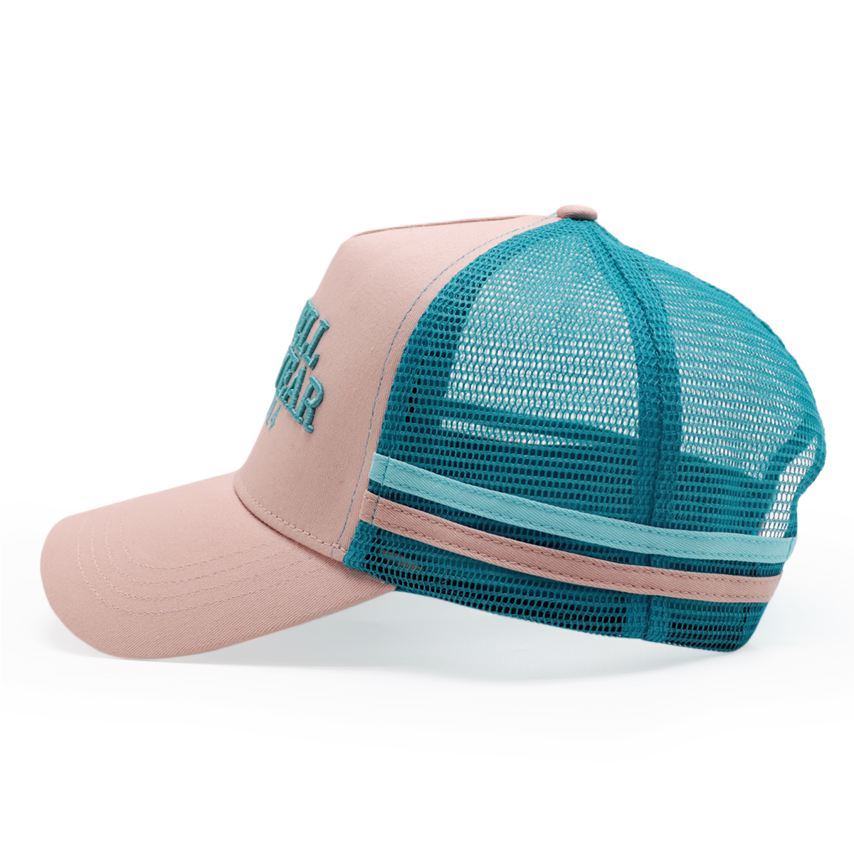 Pink and Teal Five-Panel Mesh Trucker Cap with Raised Letter Embroidery