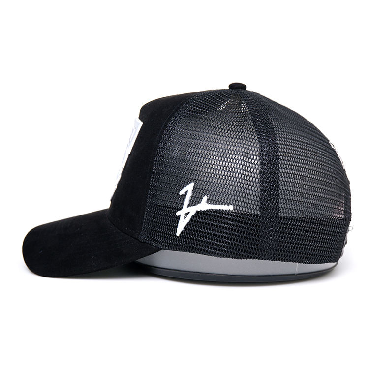 Black Suede Front Mesh Trucker Cap with Bold White Embroidered Graphic