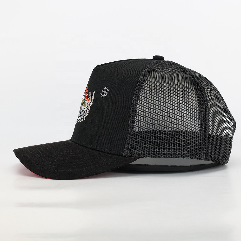 Black 5-Panel Mesh Trucker Cap with Multicolor Graphic Embroidery – Curved Brim Streetwear Hat