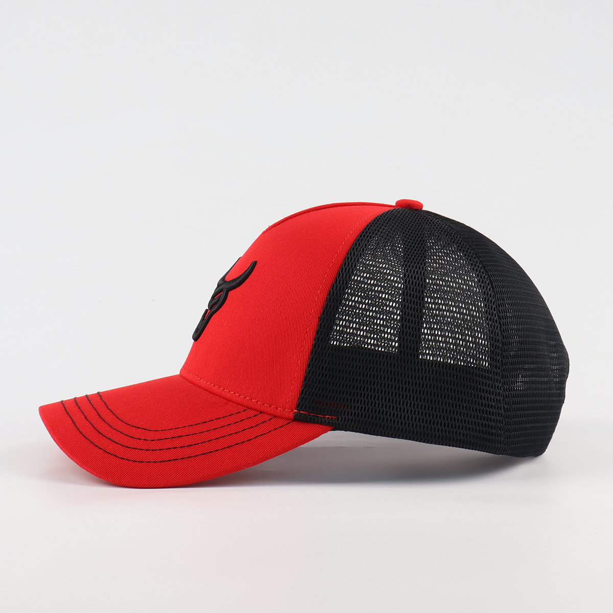 Red and Black Bull Logo Embroidered Mesh Trucker Cap