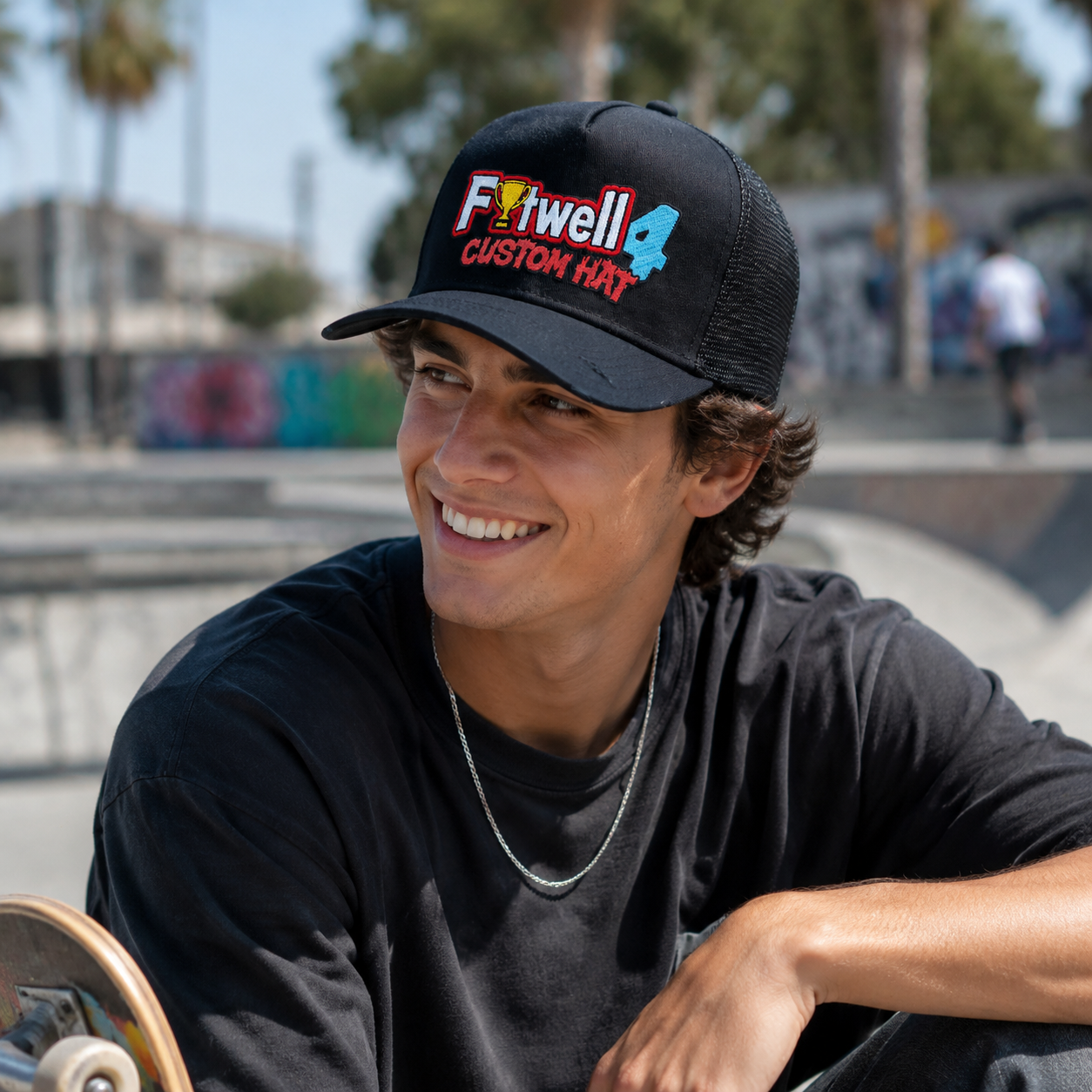 Black Mesh Trucker Baseball Cap with Colorful Statement Embroidery