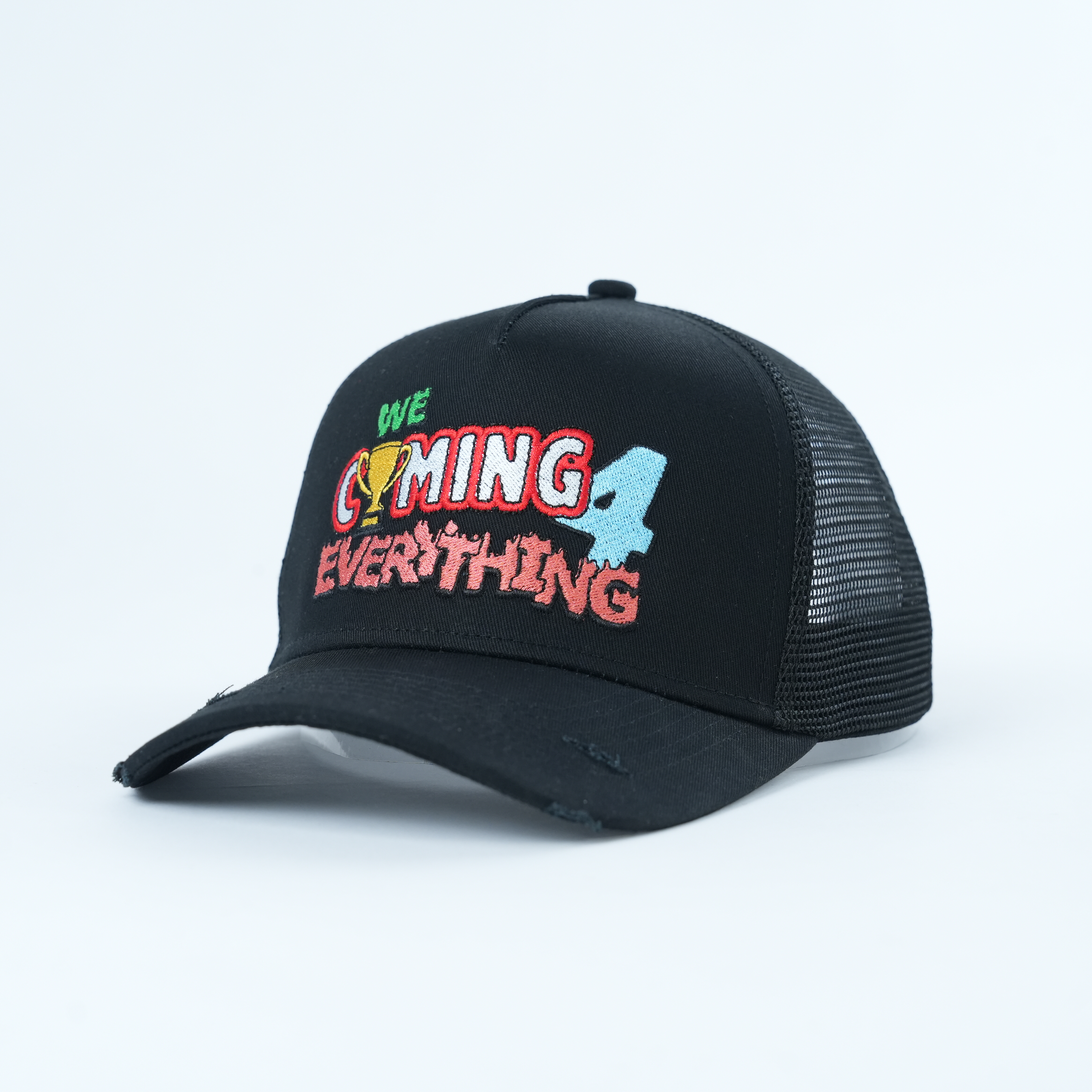 Black Mesh Trucker Baseball Cap with Colorful Statement Embroidery