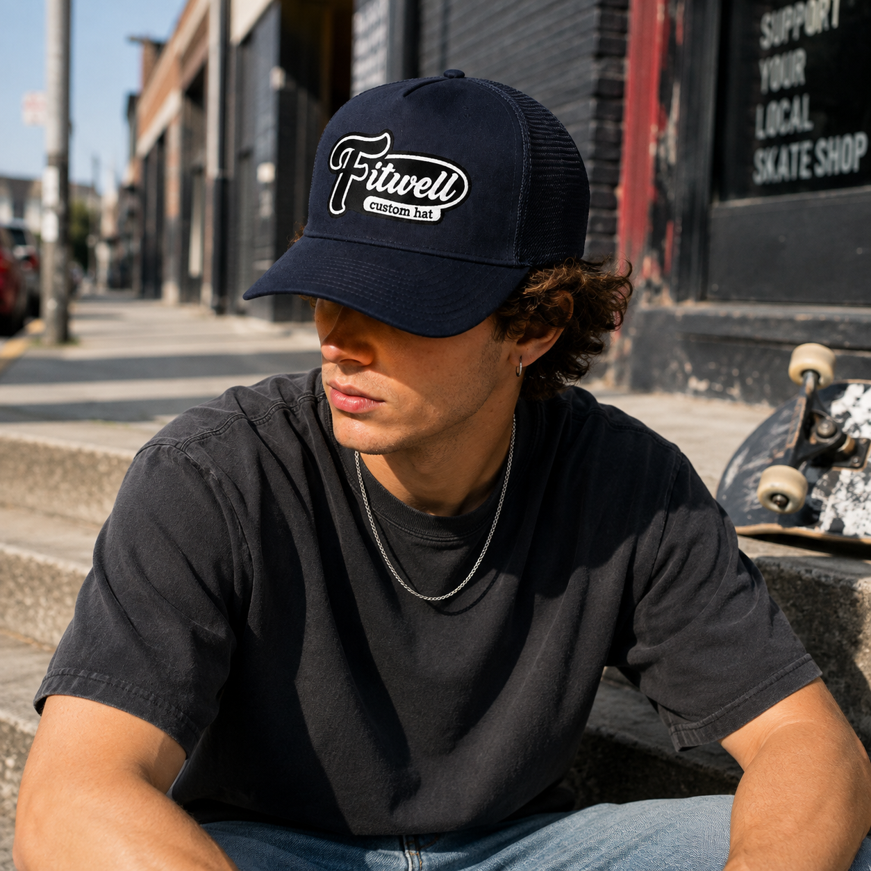 Navy 5-Panel Cotton Trucker Hat with Nipomo Western Embroidery