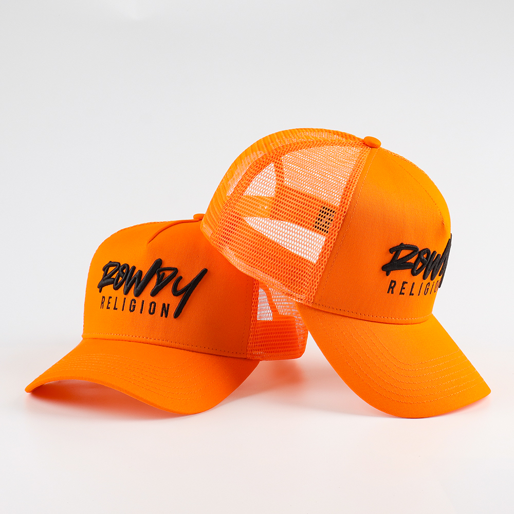 Neon Orange Foam Mesh Trucker Hat with 3D Black Embroidery