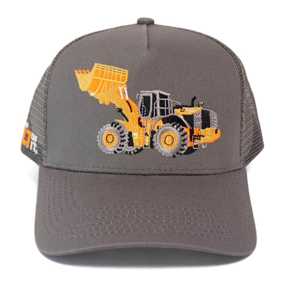 Grey Construction Vehicle Embroidered Logo Mesh Trucker Cap