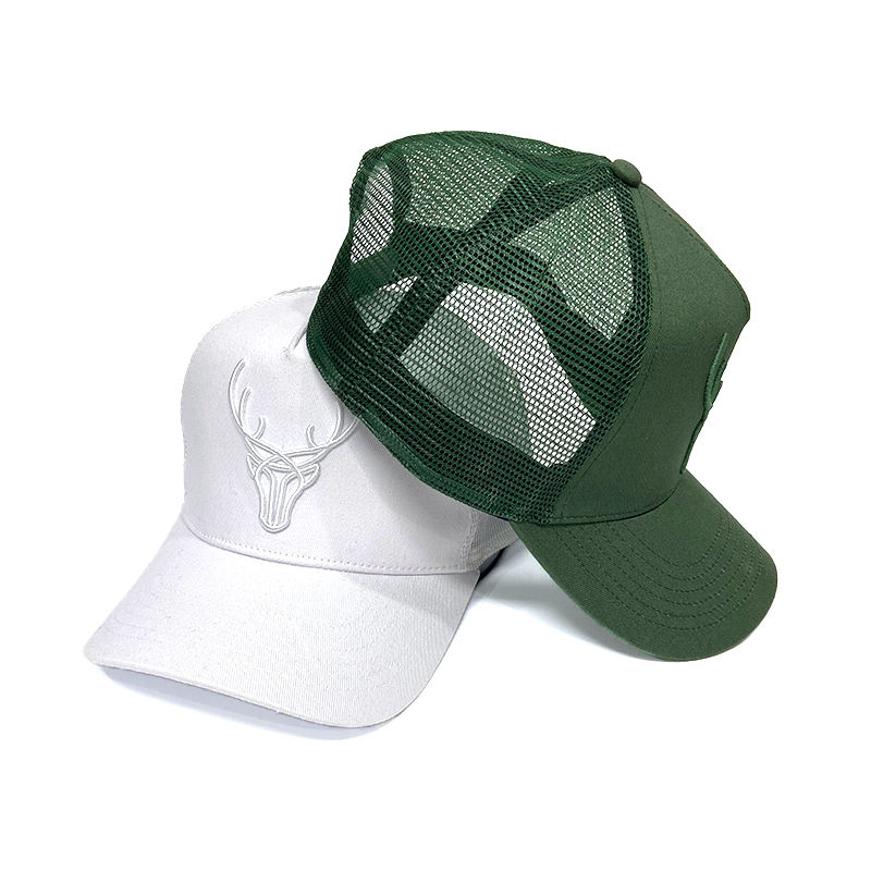 White and Forest Green Deer Embroidered Five-Panel Trucker Caps