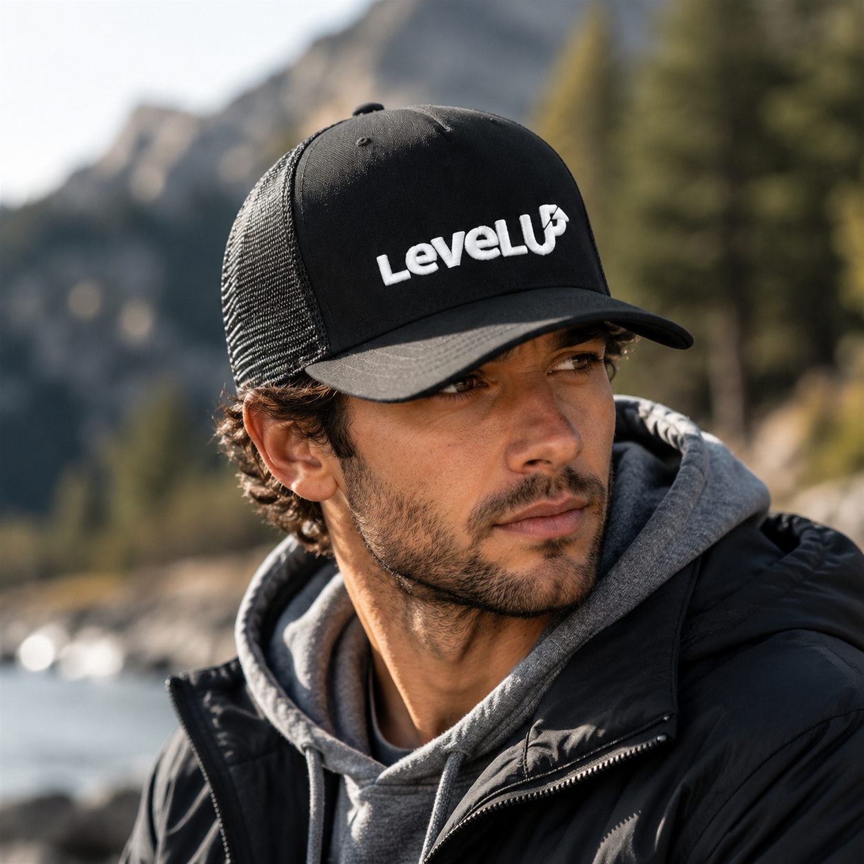 LevelUp Black Mesh Embroidered Trucker Hat