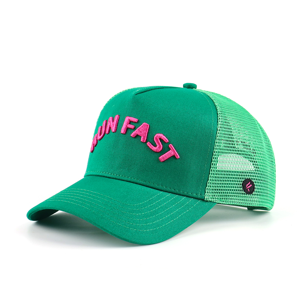 Green Mesh Foam Trucker Hat with Pink 3D RUN FAST Embroidery