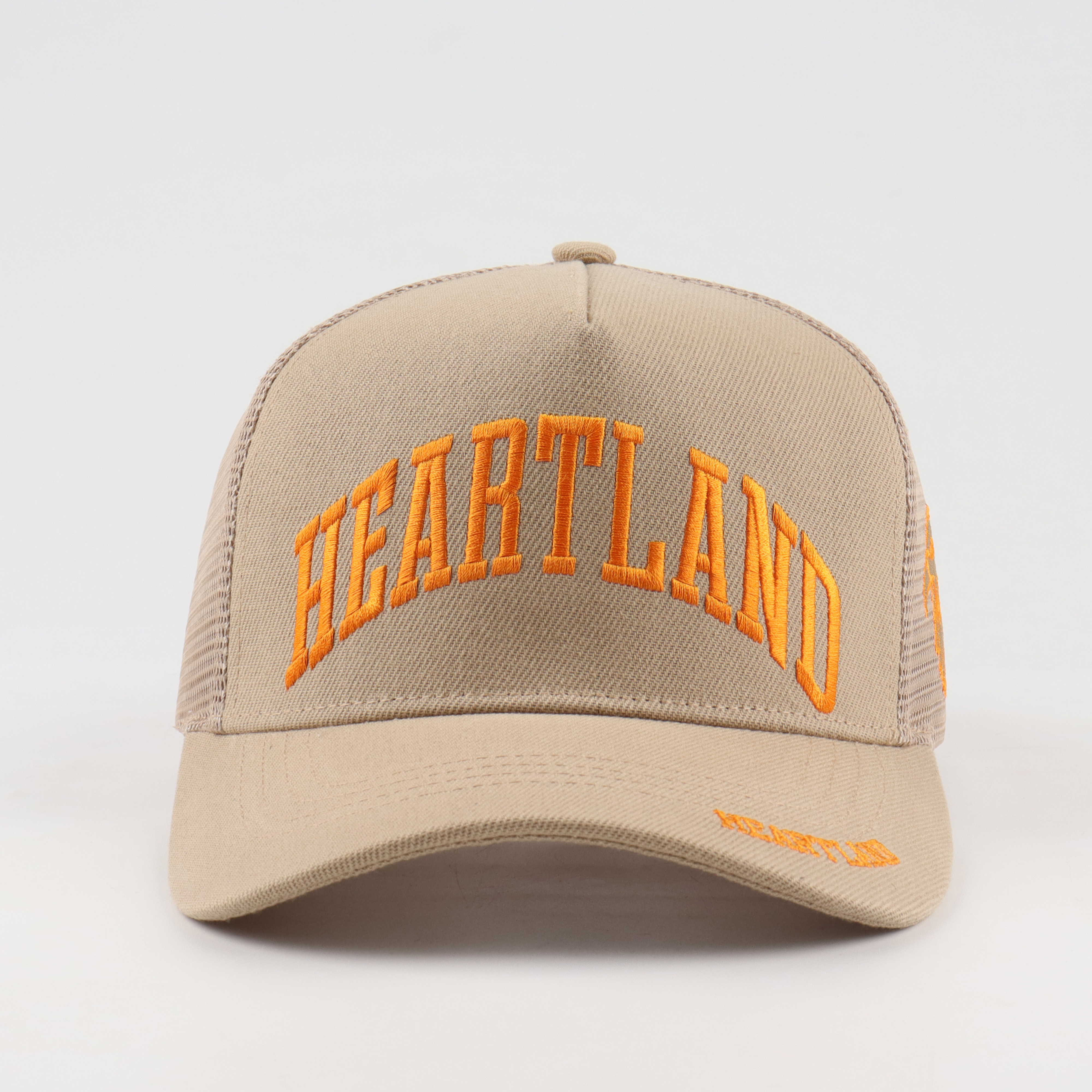 Heartland Orange Embroidered Beige Mesh Trucker Cap