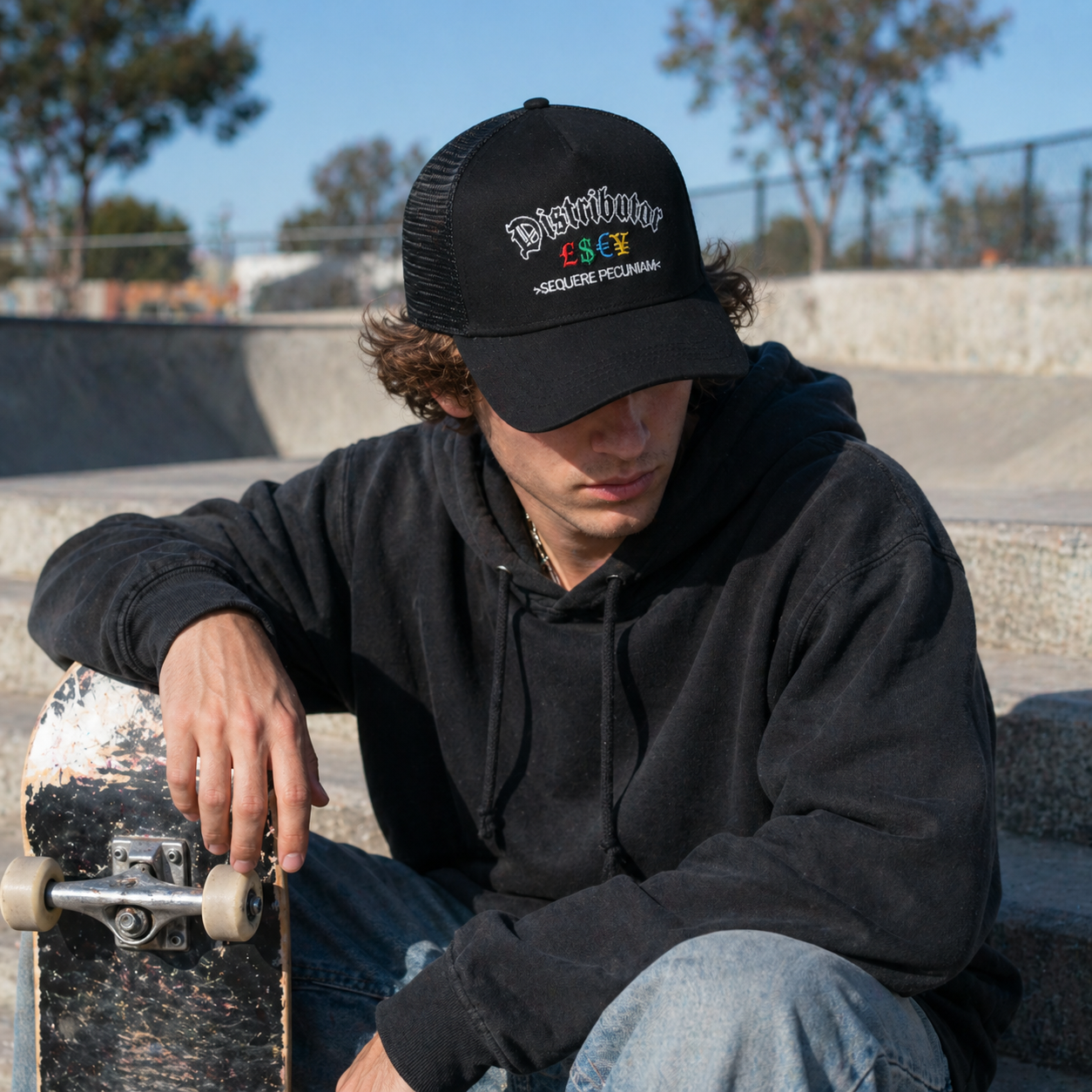 Black 5 Panel Trucker Hat with Embroidered Disturb LSXY Logo