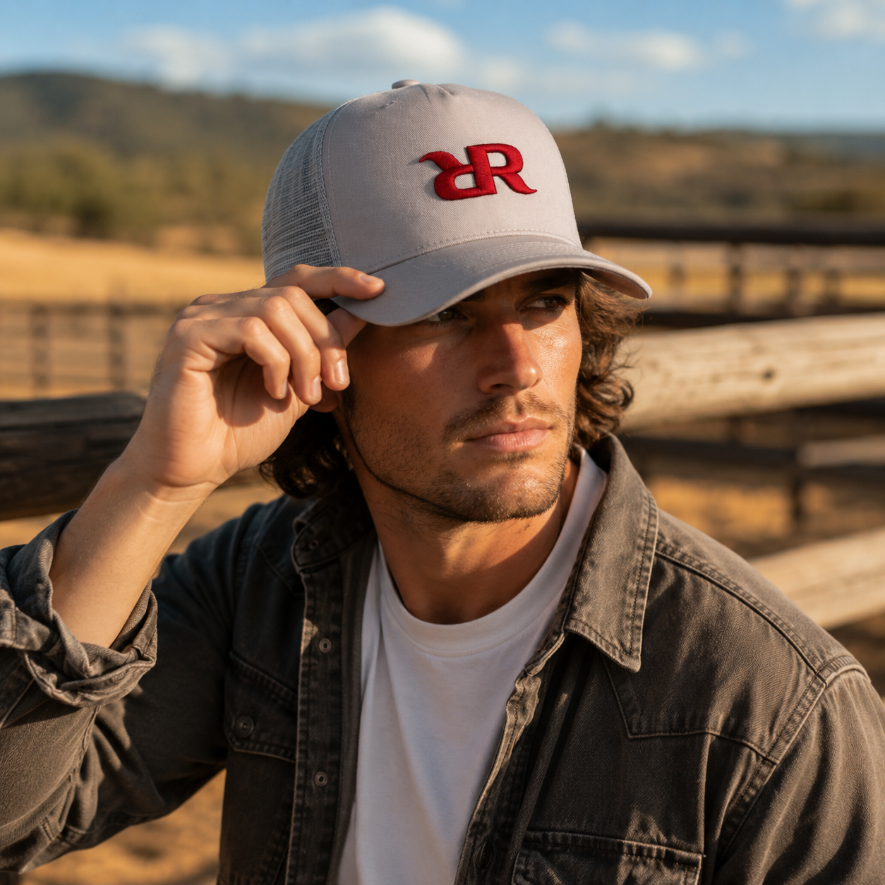 Stone Gray Cotton Trucker Hat with Red Embroidered Monogram Logo