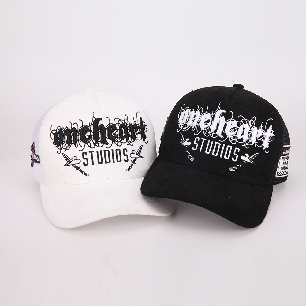Black & White 5-Panel Cotton Trucker Hat with 3D Embroidered Studio Graphic, Warning Side Patch, Mesh Back and Curved Brim – Unisex Streetwear Cap