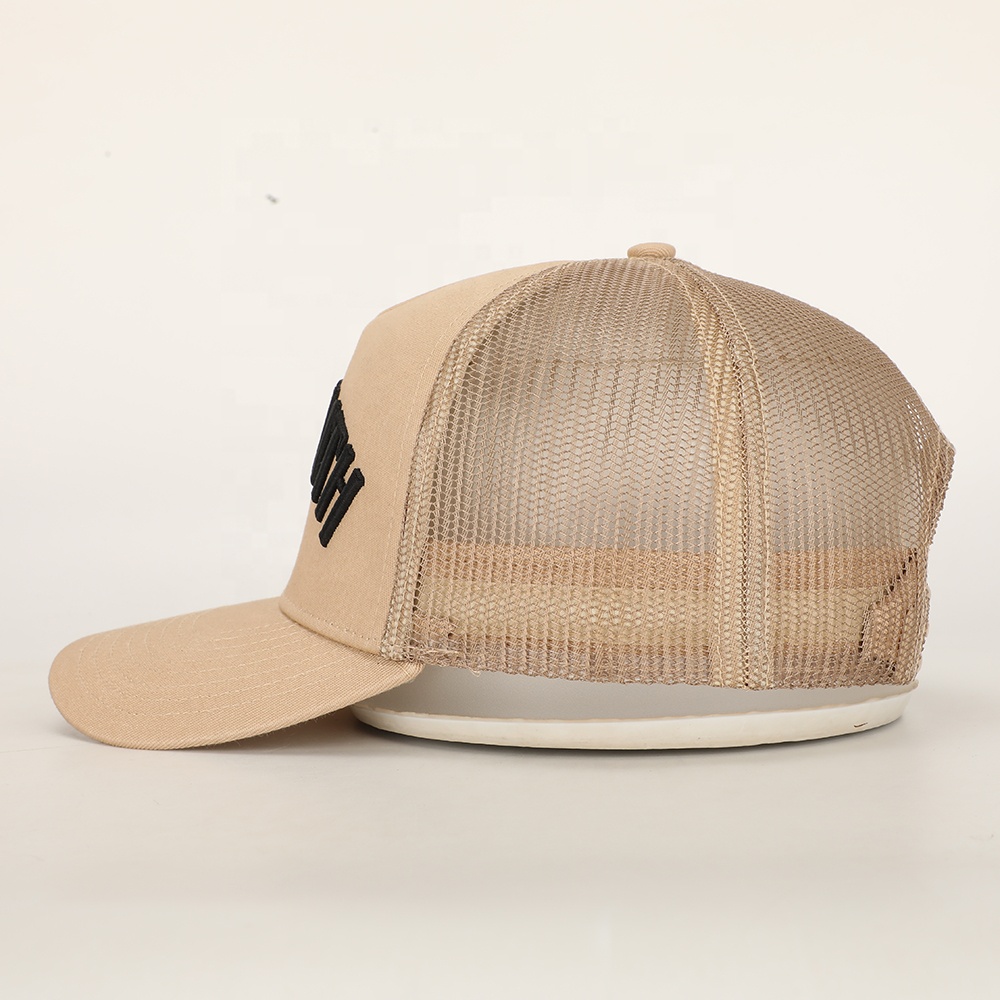 SAINT FAITH Beige 5-Panel Cotton Mesh Trucker Hat with Embroidered Letter Logo
