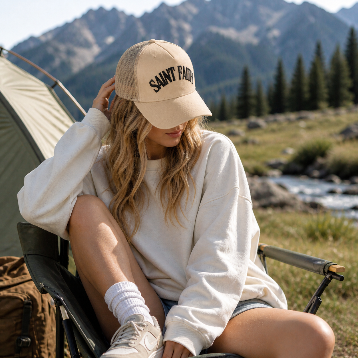 SAINT FAITH Beige 5-Panel Cotton Mesh Trucker Hat with Embroidered Letter Logo