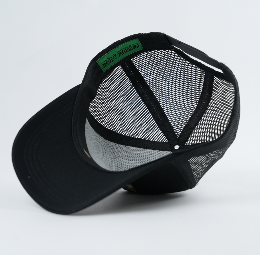 Black 5 Panel Trucker Hat with Embroidered Money Bag Cartoon Logo