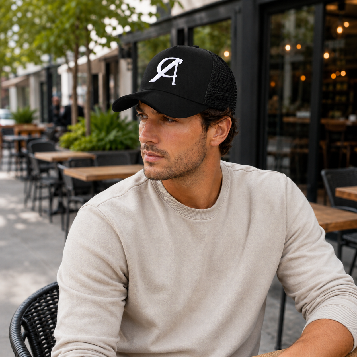 Black Mesh Trucker Hat with White Embroidered A Logo