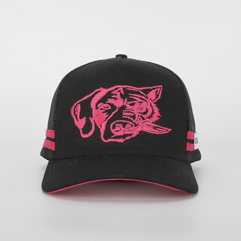 Black and Pink Embroidered Animal Graphic Cotton Trucker Hat