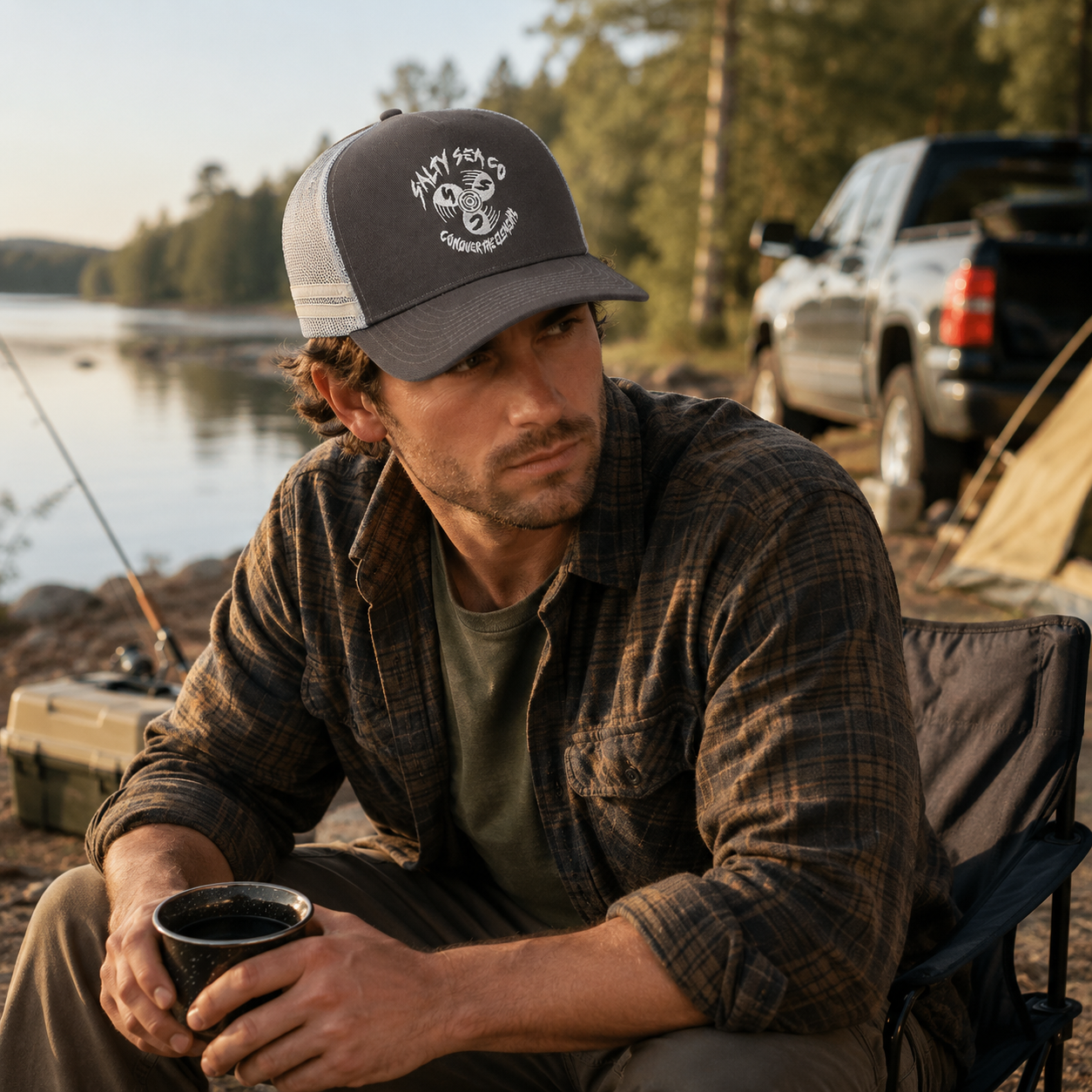 Salty Sea Co Embroidered Grey 5 Panel Cotton Trucker Hat