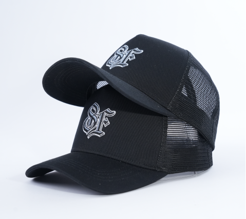 Black Mesh Trucker Cap with Embroidered Gothic Letter Logo