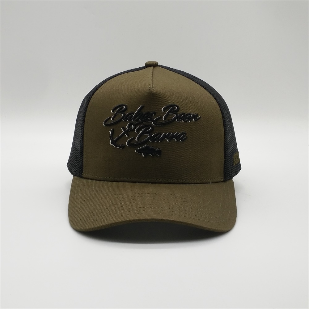 Olive Green Black Mesh Script Embroidered Cotton Trucker Hat