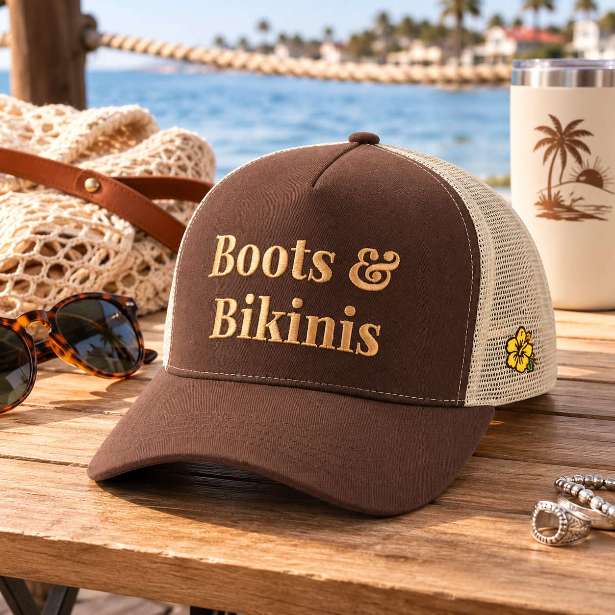 Brown Five-Panel Mesh Trucker Cap with Gold Slogan Embroidery