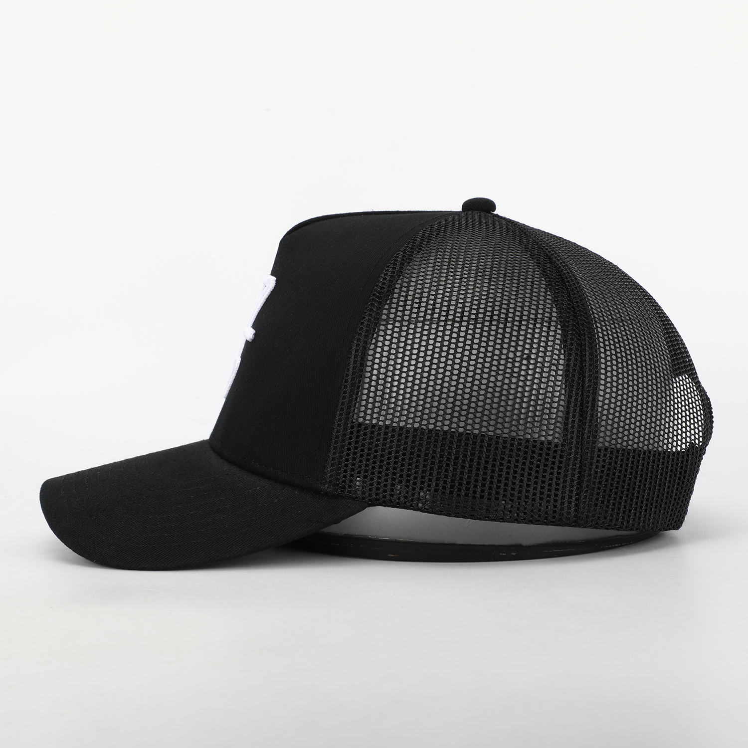 Black Mesh Trucker Cap with White Raised Logo Embroidery