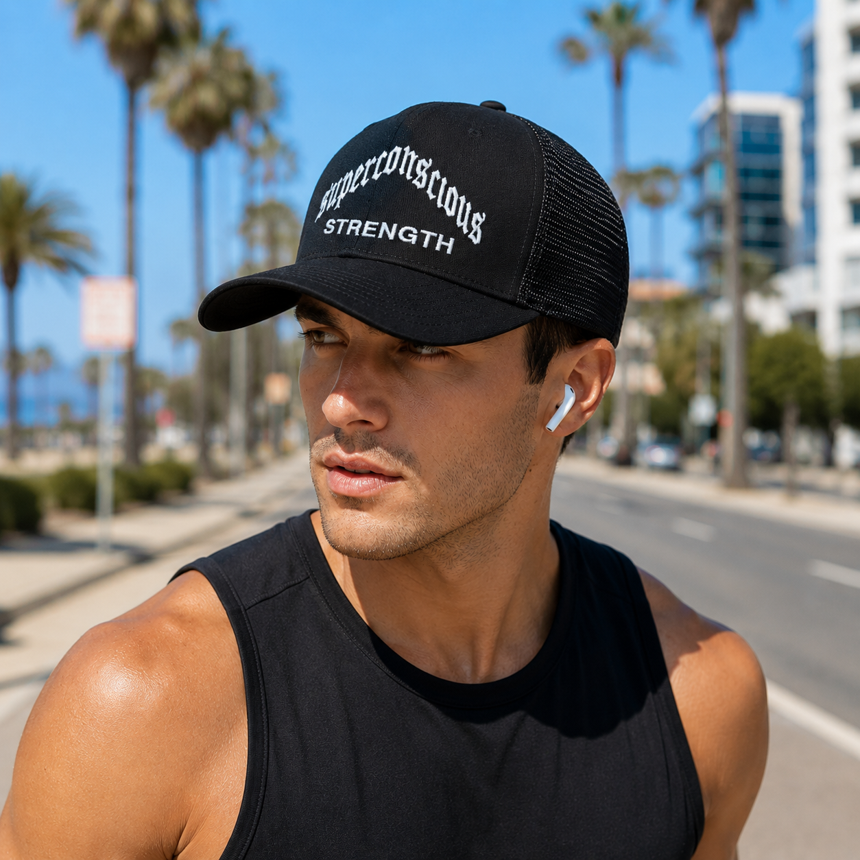 Black Mesh Trucker Hat with White Strength Embroidery