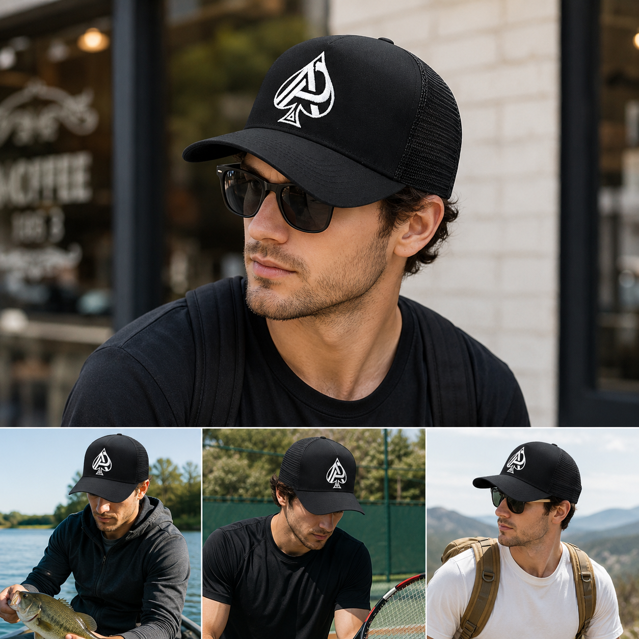 Black Mesh Trucker Cap with White Spade Logo Embroidery