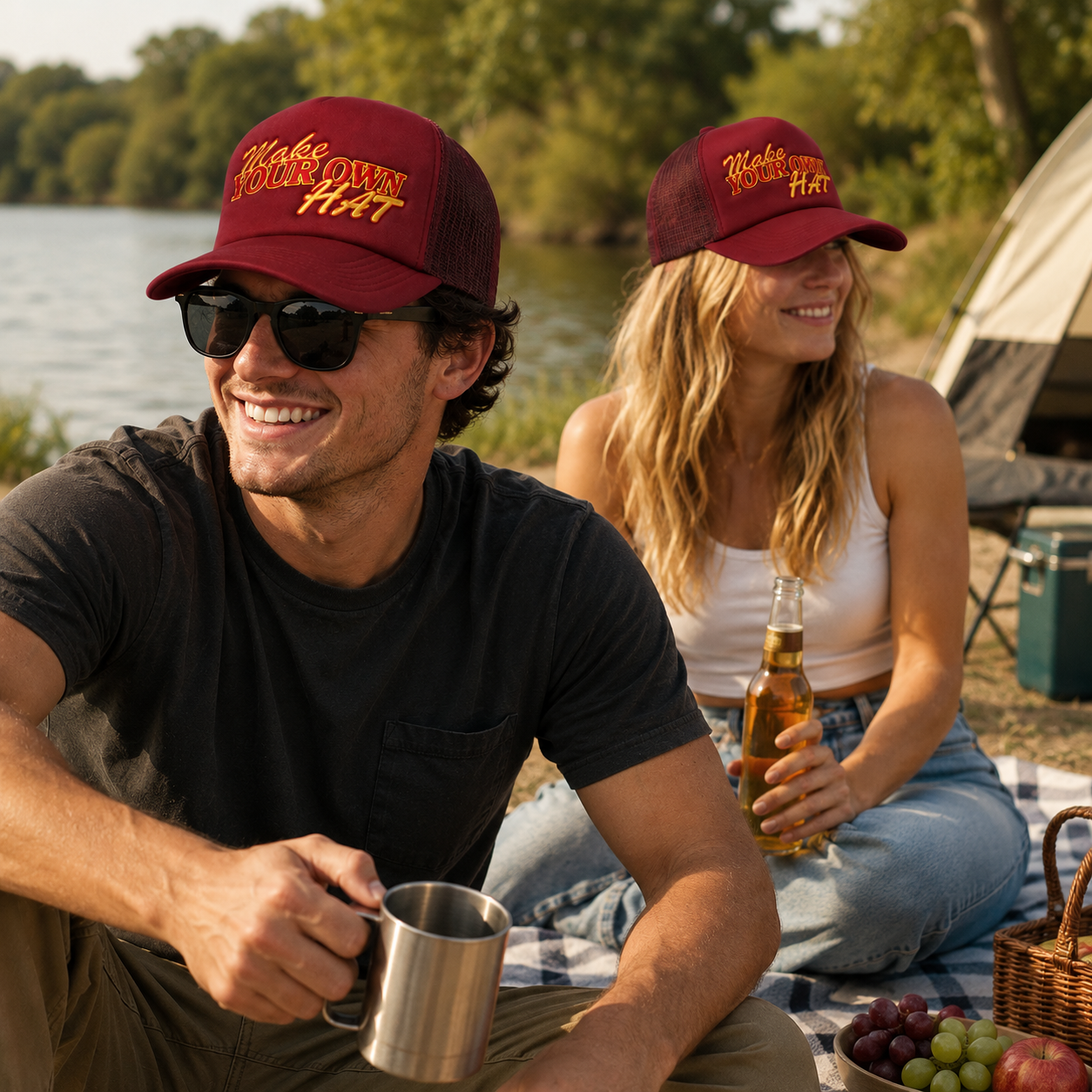 Burgundy Mesh-Back Trucker Cap with Raised Make Your Own Luck Embroidery