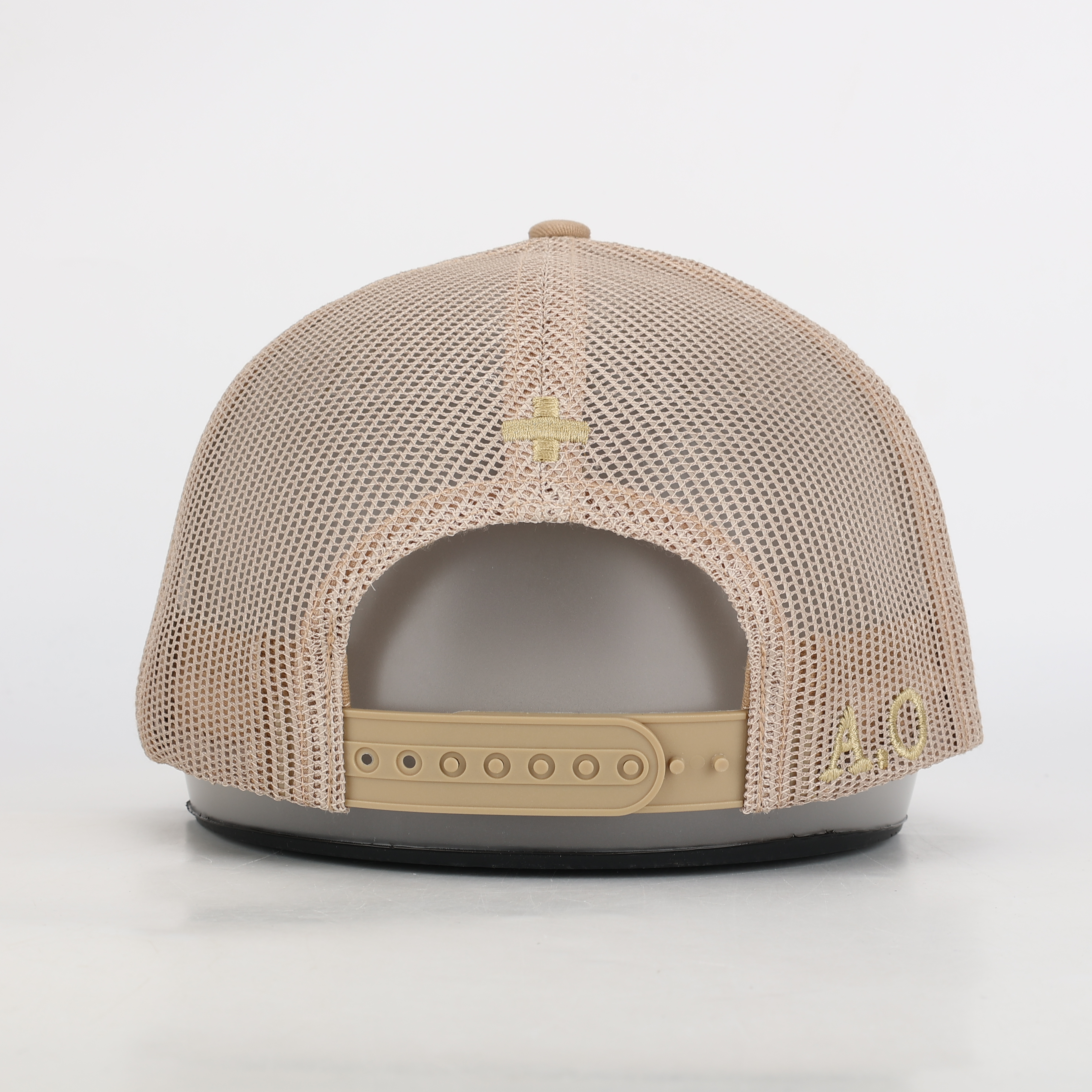 Beige Cotton Mesh Trucker Hat with Embroidered V Logo