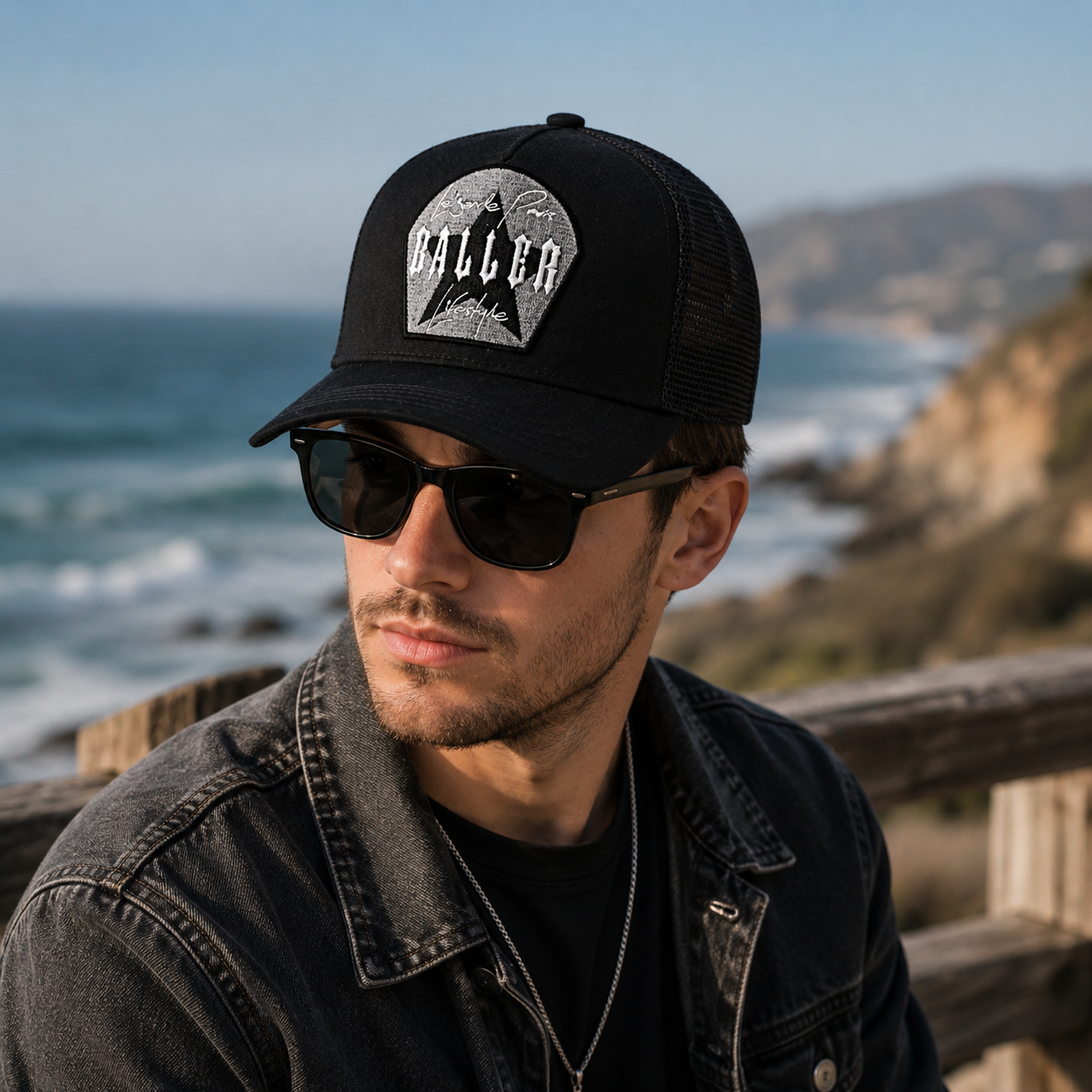 Black Baller Gothic Embroidered Patch Five-Panel Trucker Cap