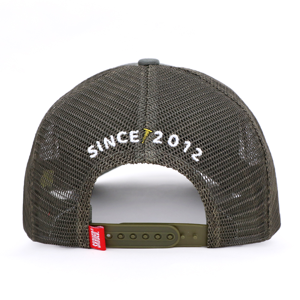 Olive Green and White Embroidered Five-Panel Mesh Trucker Cap