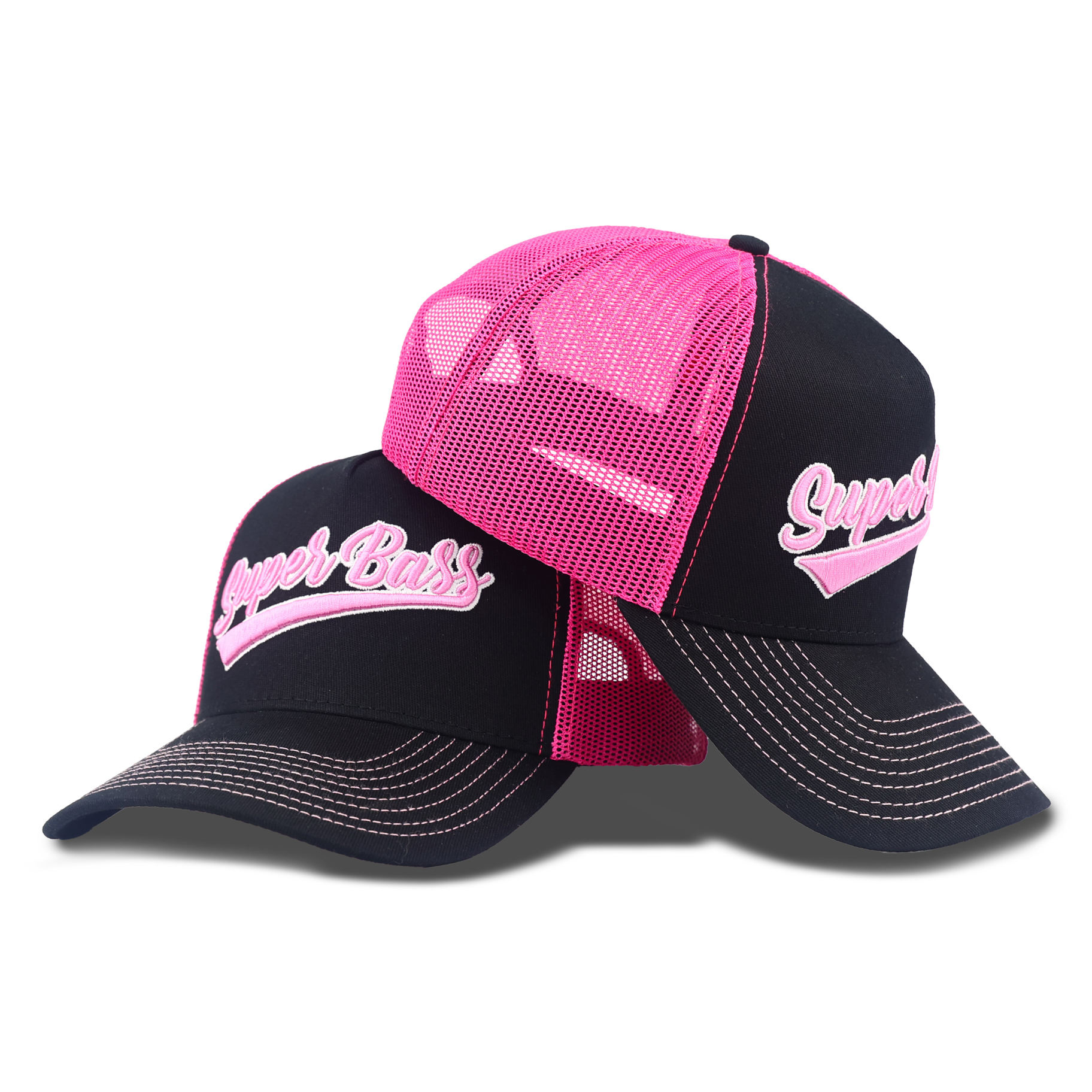 Black Pink Script Embroidered Mesh Trucker Cap