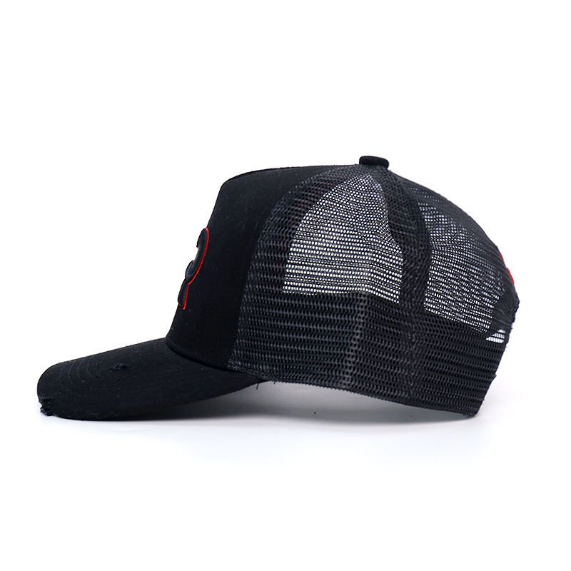Black Red Logo Embroidered Mesh Trucker Hat