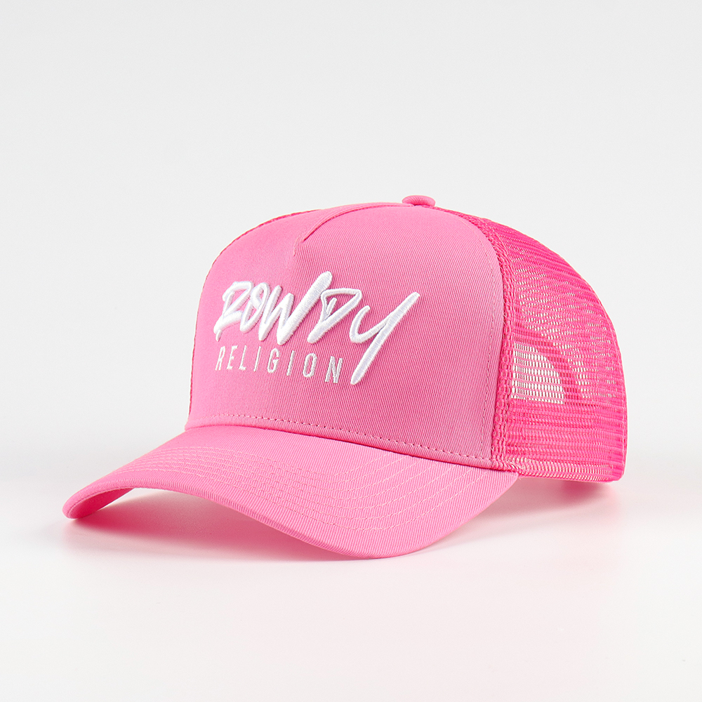Bright Pink 5-Panel Mesh Trucker Cap with White Script Embroidery