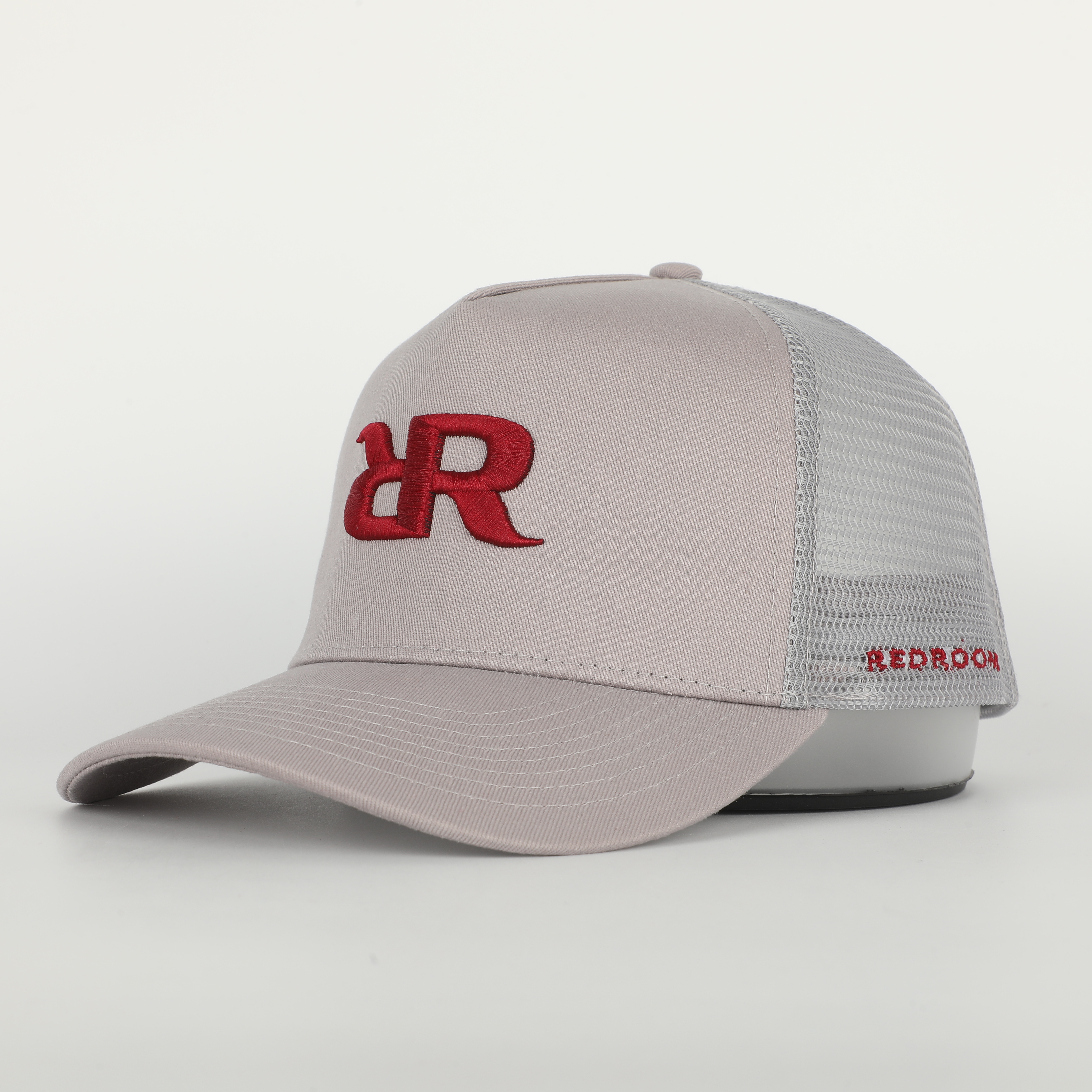 Stone Gray Cotton Trucker Hat with Red Embroidered Monogram Logo