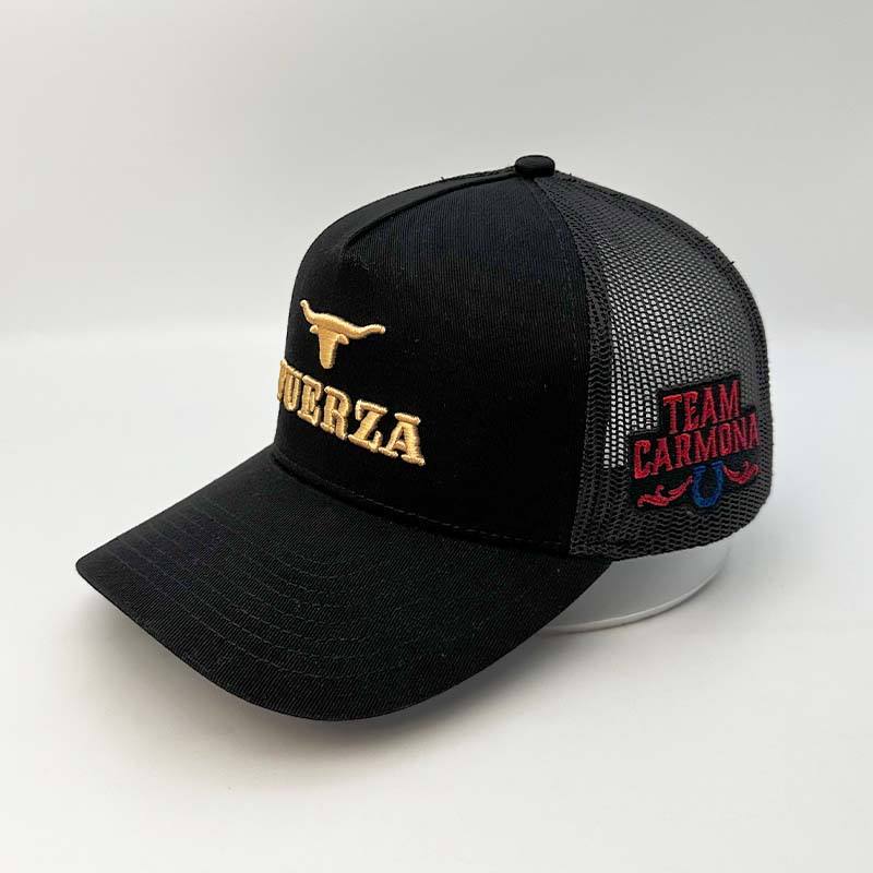 Black FUERZA Bull Embroidered Cotton Mesh Trucker Hat
