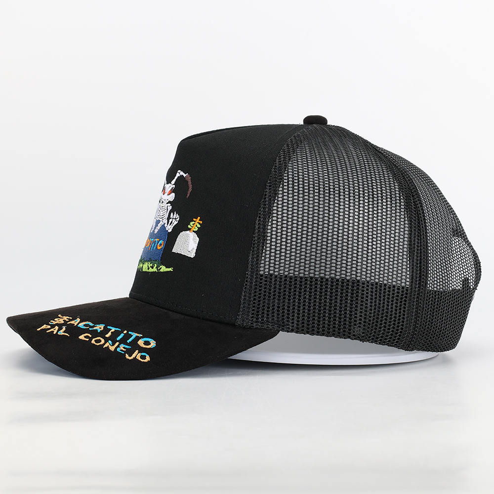 Black 5-Panel Mesh Trucker Cap with Skeleton Graveyard Embroidery – Curved Brim Streetwear Hat