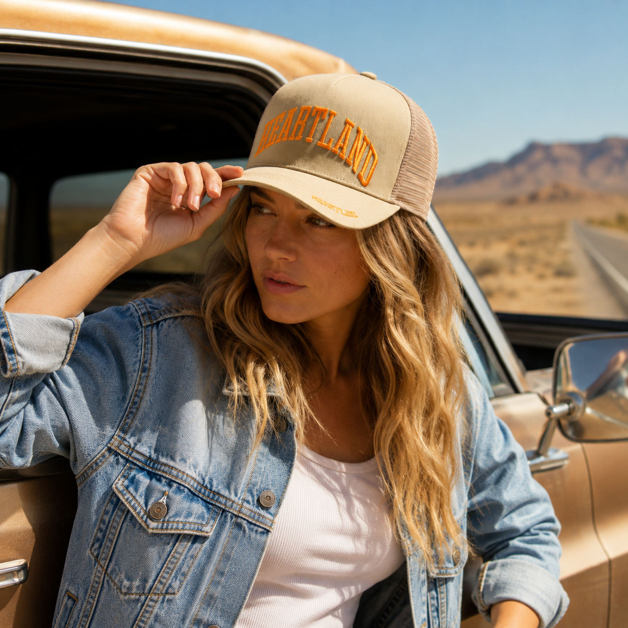 Heartland Orange Embroidered Beige Mesh Trucker Cap