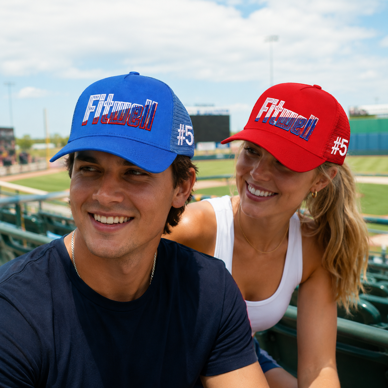 Red and Blue 5-Panel Mesh Trucker Hats with 3D Embroidery