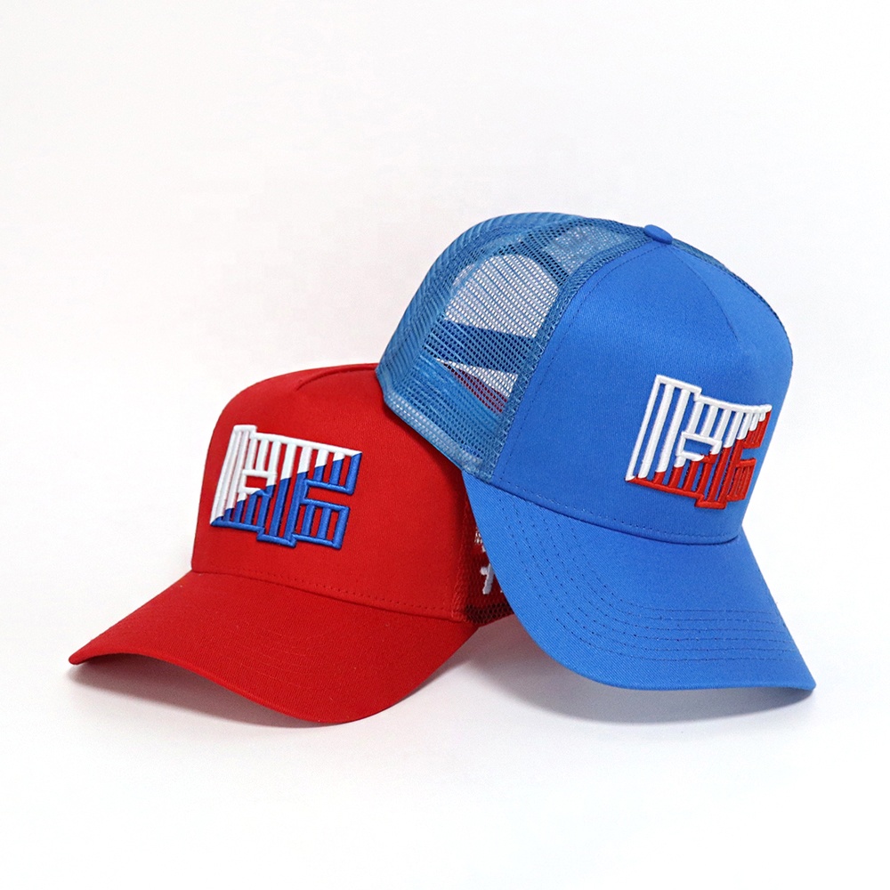 Red and Blue 5-Panel Mesh Trucker Hats with 3D Embroidery