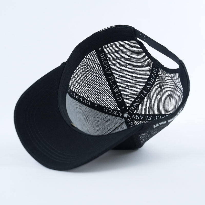 Black Mesh Rope Trucker Cap with Rose Embroidery